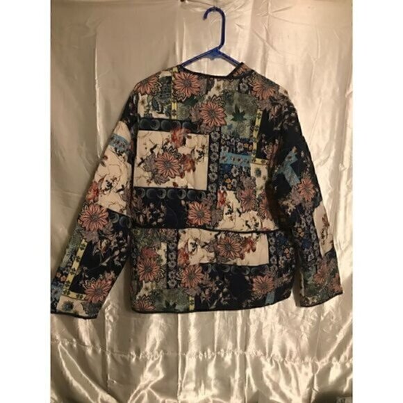 Blue Quilted Jacket Patchwork Winter Floral Grannycore Cottagecore Coat L - Picture 10 of 16
